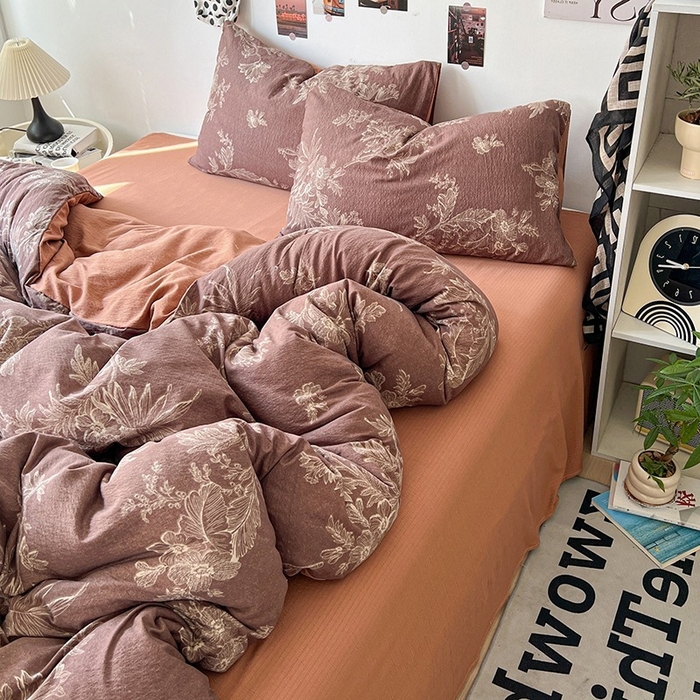 91家纺网 家纺一手货源 找家纺 朵朵家纺 2026新款高级感轻奢复古美拉德色系双层纱泡芙棉床品四件套加厚水洗双层纱软 晚棠