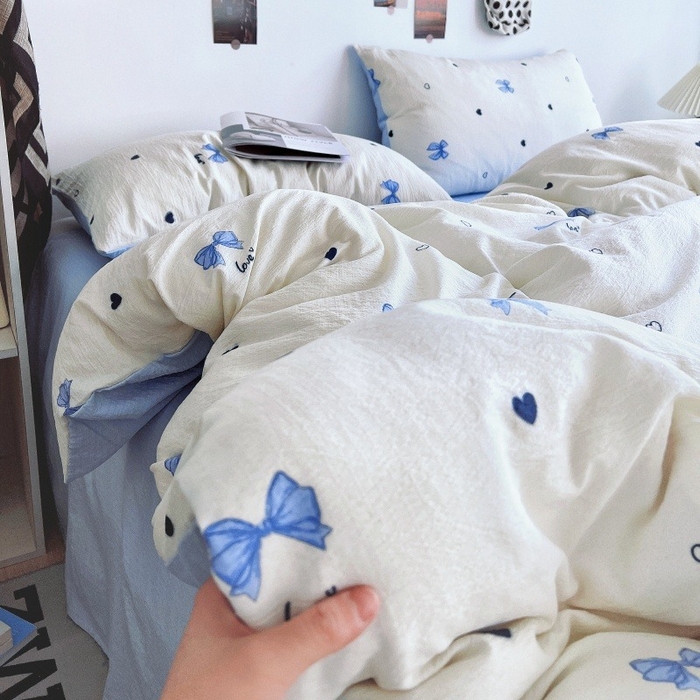 91家纺网 家纺一手货源 找家纺 朵朵家纺 2026新款高级感轻奢复古美拉德色系双层纱泡芙棉床品四件套加厚水洗双层纱软 奶蓝甜结