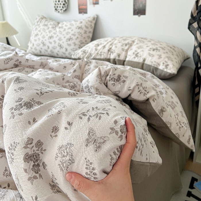 91家纺网 家纺一手货源 找家纺 朵朵家纺 2026新款高级感轻奢复古美拉德色系双层纱泡芙棉床品四件套加厚水洗双层纱软 素碟吟