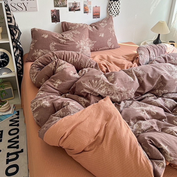 91家纺网 家纺一手货源 找家纺 朵朵家纺 2026新款高级感轻奢复古美拉德色系双层纱泡芙棉床品四件套加厚水洗双层纱软 晚棠