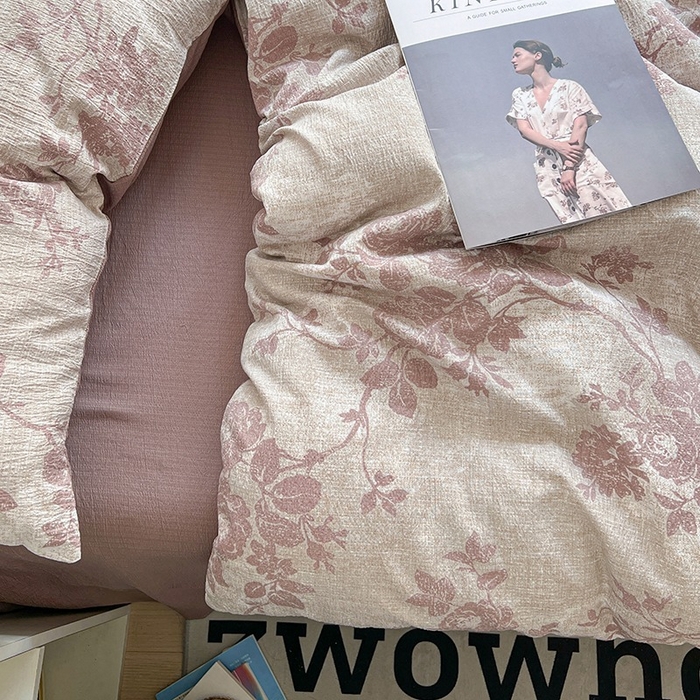 91家纺网 家纺一手货源 找家纺 朵朵家纺 2026新款高级感轻奢复古美拉德色系双层纱泡芙棉床品四件套加厚水洗双层纱软 知音咖