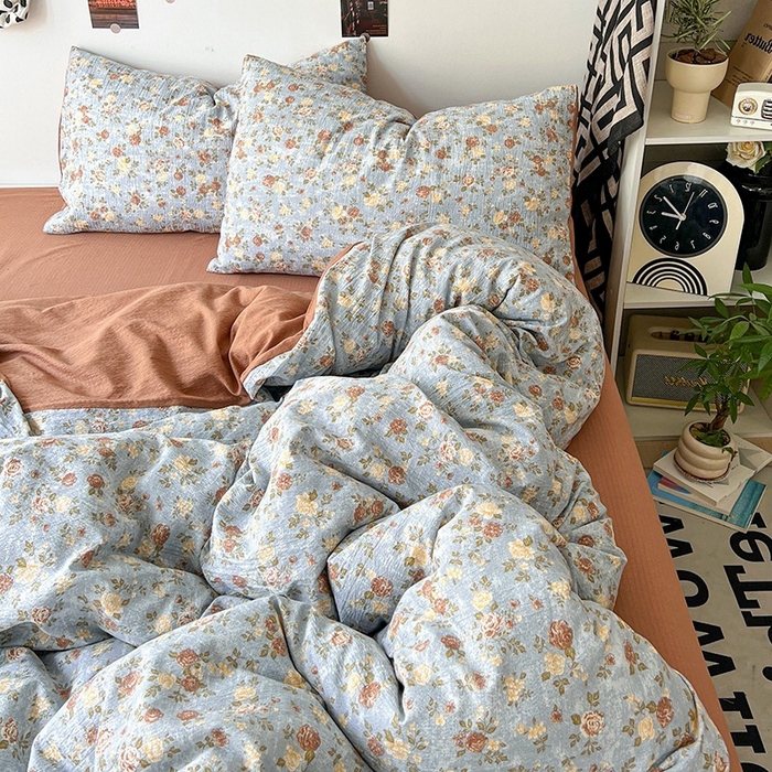 91家纺网 家纺一手货源 找家纺 朵朵家纺 2026新款高级感轻奢复古美拉德色系双层纱泡芙棉床品四件套加厚水洗双层纱软 醉玲珑