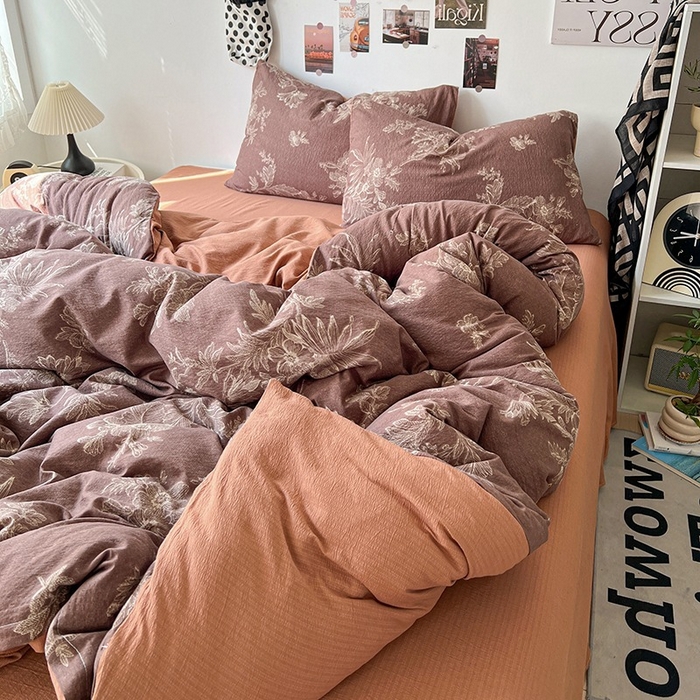 91家纺网 家纺一手货源 找家纺 朵朵家纺 2026新款高级感轻奢复古美拉德色系双层纱泡芙棉床品四件套加厚水洗双层纱软 晚棠