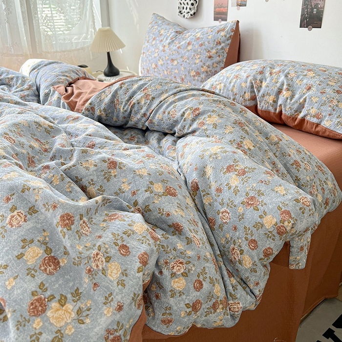 91家纺网 家纺一手货源 找家纺 朵朵家纺 2026新款高级感轻奢复古美拉德色系双层纱泡芙棉床品四件套加厚水洗双层纱软 醉玲珑