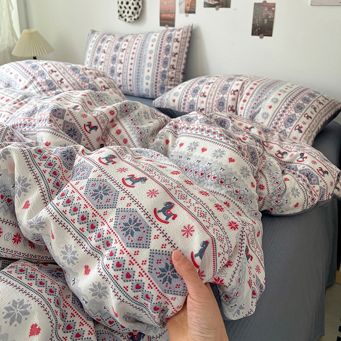 91家纺网 家纺一手货源 找家纺 朵朵家纺 2026新款高级感轻奢复古美拉德色系双层纱泡芙棉床品四件套加厚水洗双层纱软 马上有福