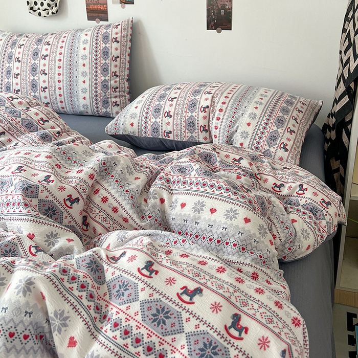 91家纺网 家纺一手货源 找家纺 朵朵家纺 2026新款高级感轻奢复古美拉德色系双层纱泡芙棉床品四件套加厚水洗双层纱软 马上有福