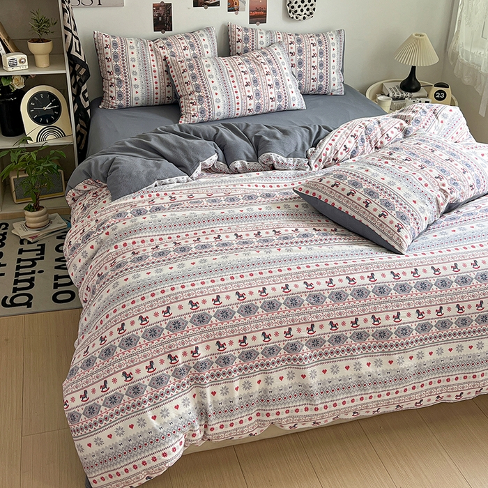 91家纺网 家纺一手货源 找家纺 朵朵家纺 2026新款高级感轻奢复古美拉德色系双层纱泡芙棉床品四件套加厚水洗双层纱软 马上有福