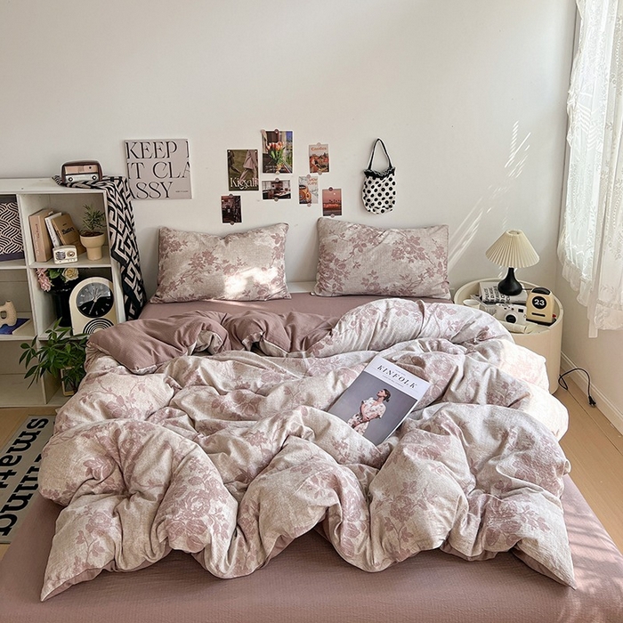 91家纺网 家纺一手货源 找家纺 朵朵家纺 2026新款高级感轻奢复古美拉德色系双层纱泡芙棉床品四件套加厚水洗双层纱软 知音咖