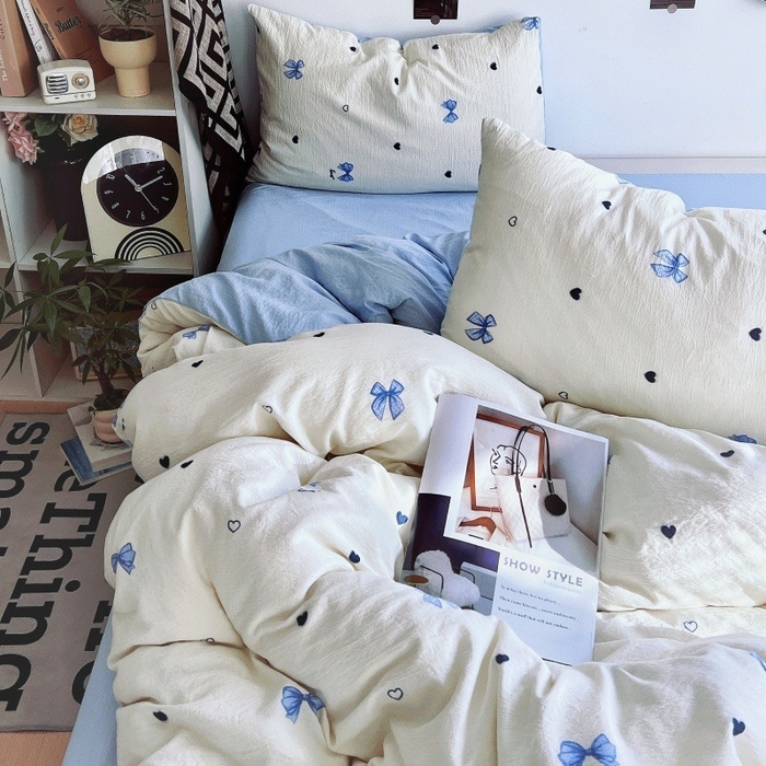 91家纺网 家纺一手货源 找家纺 朵朵家纺 2026新款高级感轻奢复古美拉德色系双层纱泡芙棉床品四件套加厚水洗双层纱软 奶蓝甜结