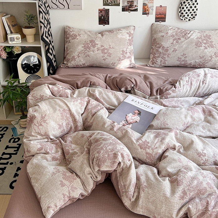 91家纺网 家纺一手货源 找家纺 朵朵家纺 2026新款高级感轻奢复古美拉德色系双层纱泡芙棉床品四件套加厚水洗双层纱软 知音咖