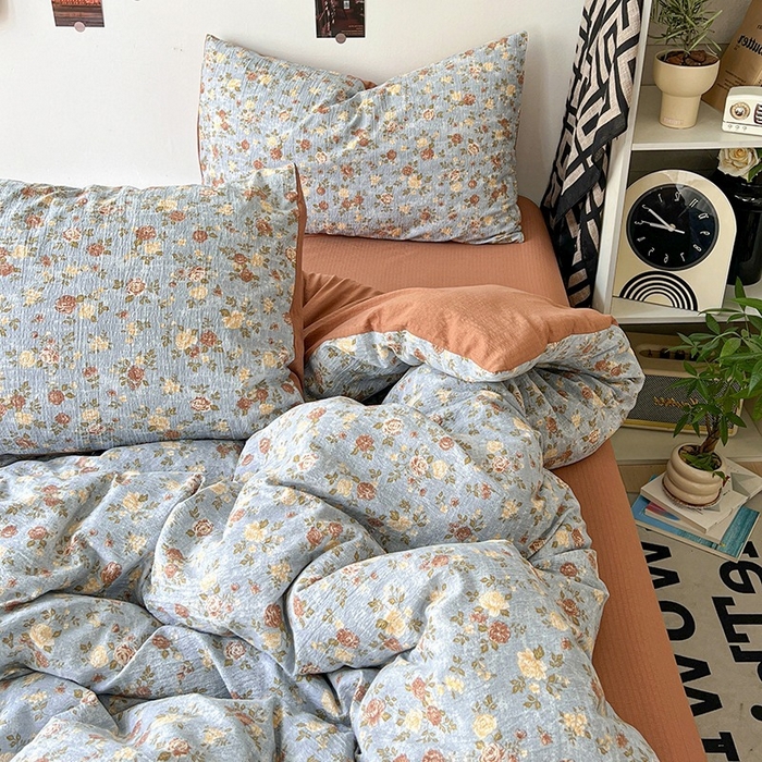 91家纺网 家纺一手货源 找家纺 朵朵家纺 2026新款高级感轻奢复古美拉德色系双层纱泡芙棉床品四件套加厚水洗双层纱软 醉玲珑