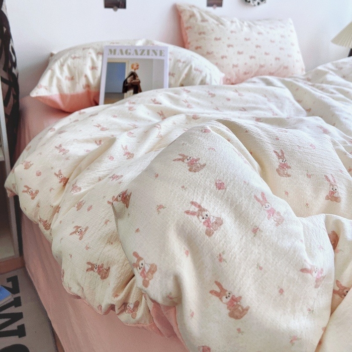 91家纺网 家纺一手货源 找家纺 朵朵家纺 2026新款高级感轻奢复古美拉德色系双层纱泡芙棉床品四件套加厚水洗双层纱软 奶芙兔