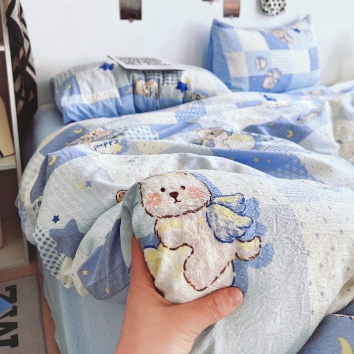 91家纺网 家纺一手货源 找家纺 朵朵家纺 2026新款高级感轻奢复古美拉德色系双层纱泡芙棉床品四件套加厚水洗双层纱软 蓝色泡芙狗