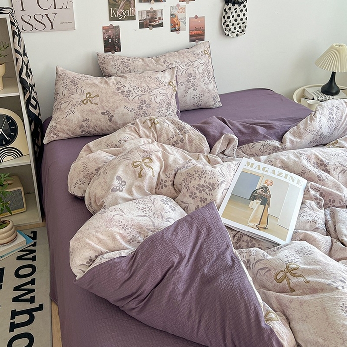 91家纺网 家纺一手货源 找家纺 朵朵家纺 2026新款高级感轻奢复古美拉德色系双层纱泡芙棉床品四件套加厚水洗双层纱软 花姿