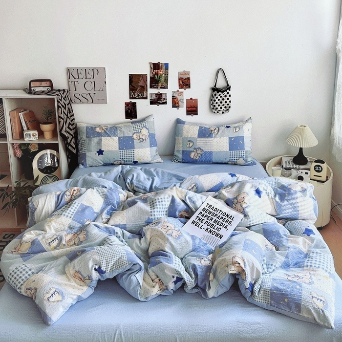 91家纺网 家纺一手货源 找家纺 朵朵家纺 2026新款高级感轻奢复古美拉德色系双层纱泡芙棉床品四件套加厚水洗双层纱软 蓝色泡芙狗