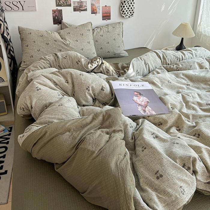 91家纺网 家纺一手货源 找家纺 朵朵家纺 2026新款高级感轻奢复古美拉德色系双层纱泡芙棉床品四件套加厚水洗双层纱软 绿樱