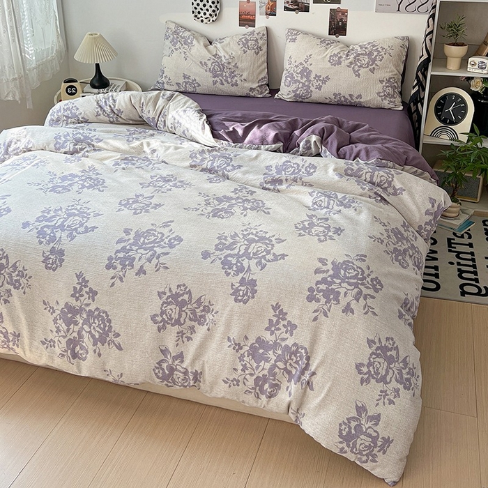 91家纺网 家纺一手货源 找家纺 朵朵家纺 2026新款高级感轻奢复古美拉德色系双层纱泡芙棉床品四件套加厚水洗双层纱软 紫韵