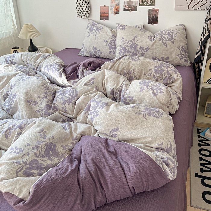 91家纺网 家纺一手货源 找家纺 朵朵家纺 2026新款高级感轻奢复古美拉德色系双层纱泡芙棉床品四件套加厚水洗双层纱软 紫韵