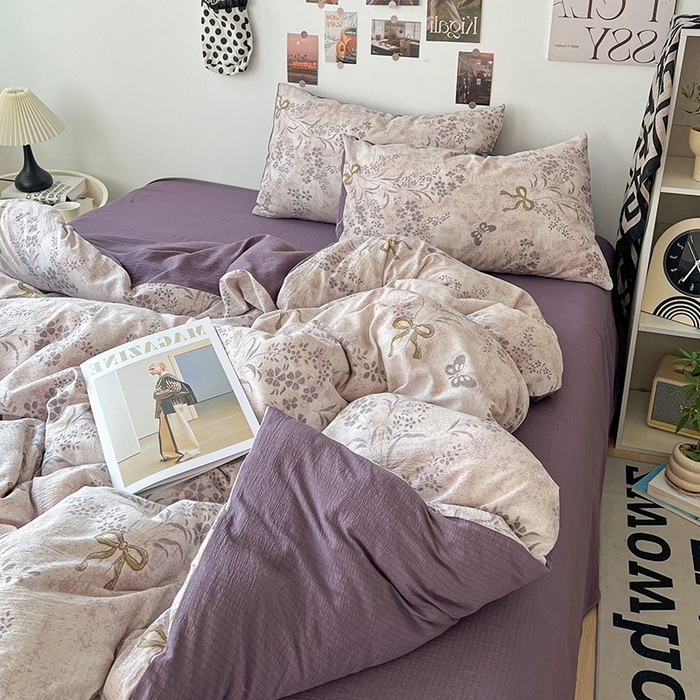 91家纺网 家纺一手货源 找家纺 朵朵家纺 2026新款高级感轻奢复古美拉德色系双层纱泡芙棉床品四件套加厚水洗双层纱软 花姿