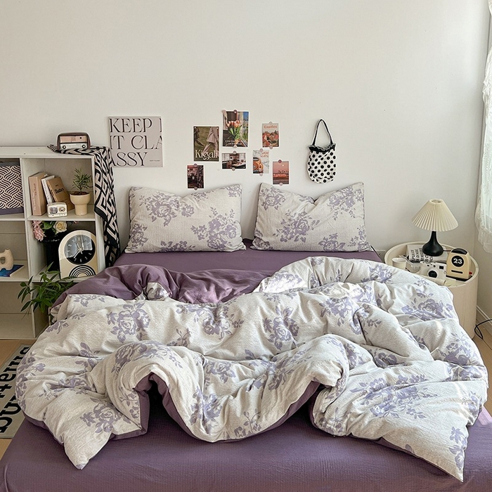 91家纺网 家纺一手货源 找家纺 朵朵家纺 2026新款高级感轻奢复古美拉德色系双层纱泡芙棉床品四件套加厚水洗双层纱软 紫韵