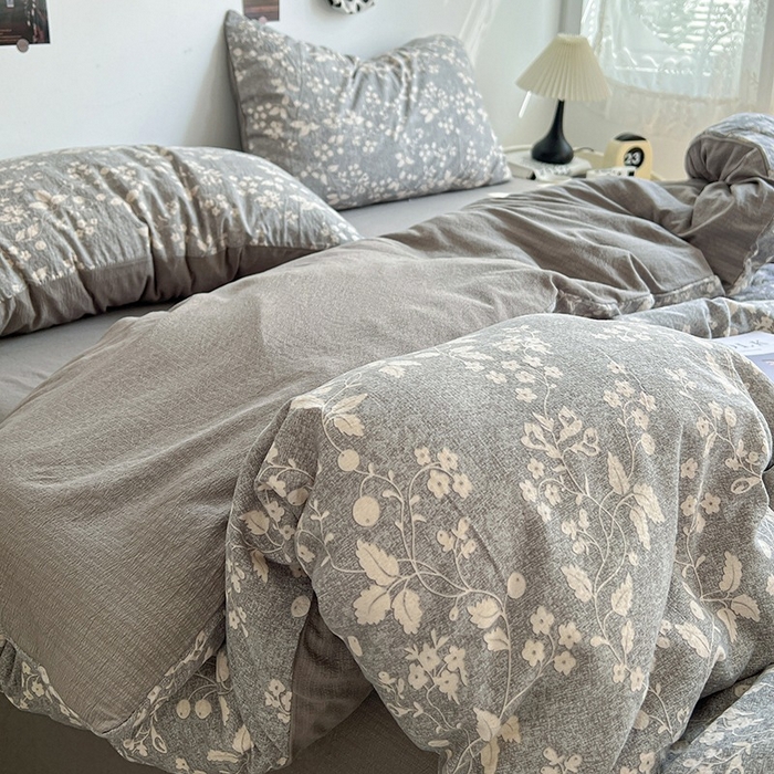 91家纺网 家纺一手货源 找家纺 朵朵家纺 2026新款高级感轻奢复古美拉德色系双层纱泡芙棉床品四件套加厚水洗双层纱软 漫野