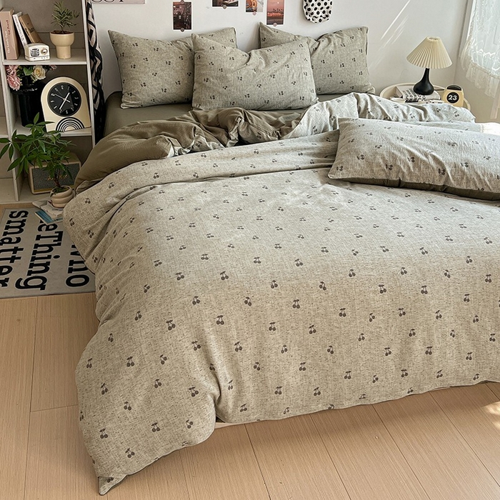 91家纺网 家纺一手货源 找家纺 朵朵家纺 2026新款高级感轻奢复古美拉德色系双层纱泡芙棉床品四件套加厚水洗双层纱软 绿樱