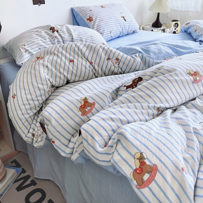 91家纺网 家纺一手货源 找家纺 朵朵家纺 2026新款高级感轻奢复古美拉德色系双层纱泡芙棉床品四件套加厚水洗双层纱软 木马拾光