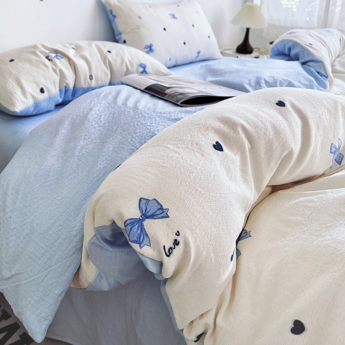 91家纺网 家纺一手货源 找家纺 朵朵家纺 2026新款高级感轻奢复古美拉德色系双层纱泡芙棉床品四件套加厚水洗双层纱软 奶蓝甜结