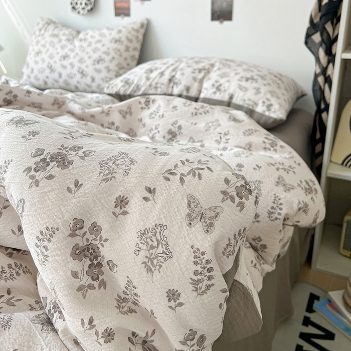 91家纺网 家纺一手货源 找家纺 朵朵家纺 2026新款高级感轻奢复古美拉德色系双层纱泡芙棉床品四件套加厚水洗双层纱软 素碟吟