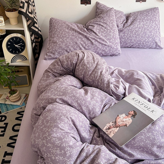91家纺网 家纺一手货源 找家纺 朵朵家纺 2026新款高级感轻奢复古美拉德色系双层纱泡芙棉床品四件套加厚水洗双层纱软 紫萝漫想