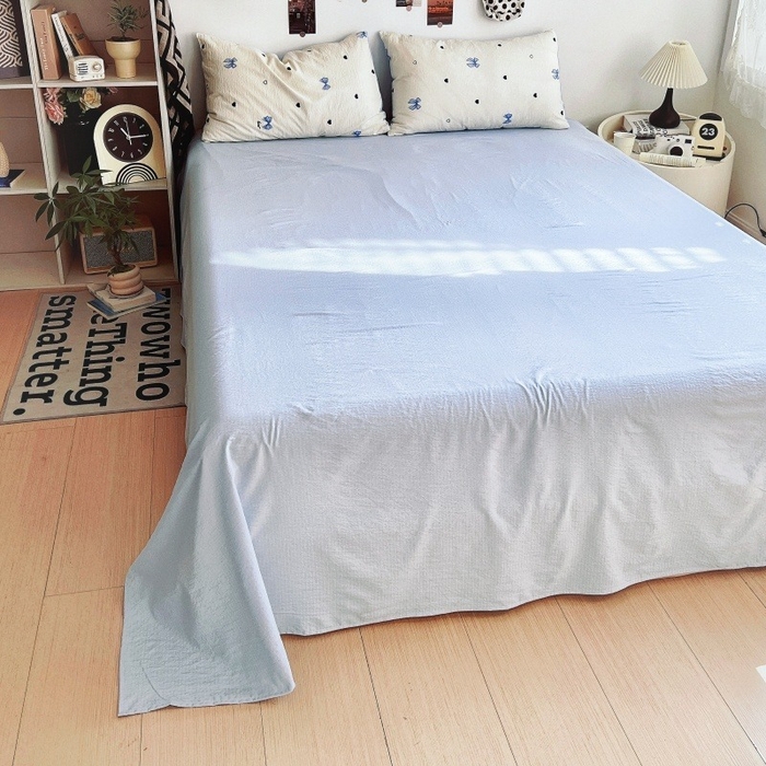 91家纺网 家纺一手货源 找家纺 朵朵家纺 2026新款高级感轻奢复古美拉德色系双层纱泡芙棉床品四件套加厚水洗双层纱软 奶蓝甜结