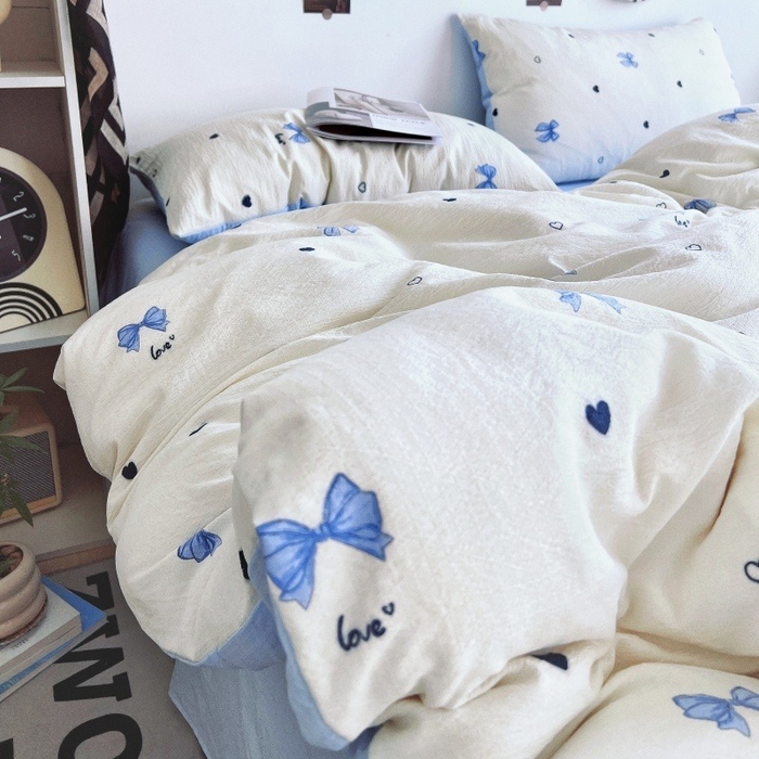 91家纺网 家纺一手货源 找家纺 朵朵家纺 2026新款高级感轻奢复古美拉德色系双层纱泡芙棉床品四件套加厚水洗双层纱软 奶蓝甜结