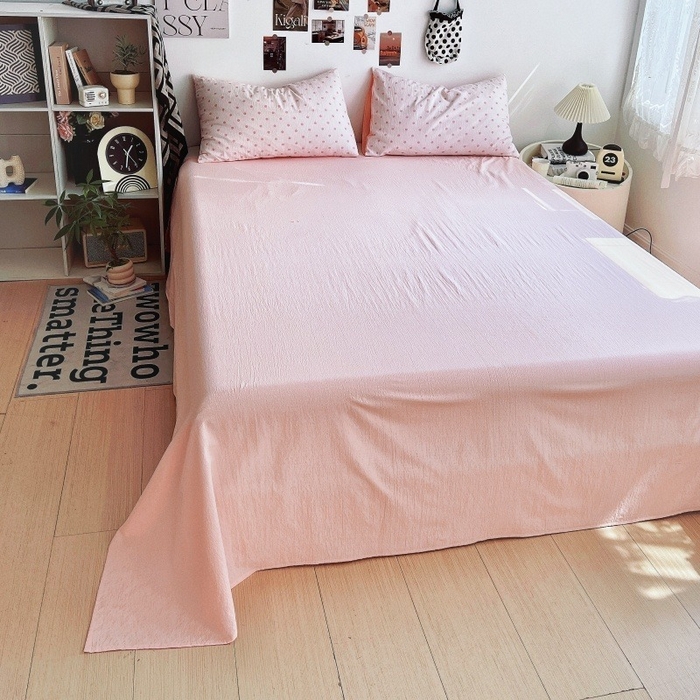 91家纺网 家纺一手货源 找家纺 朵朵家纺 2026新款高级感轻奢复古美拉德色系双层纱泡芙棉床品四件套加厚水洗双层纱软 粉红波点