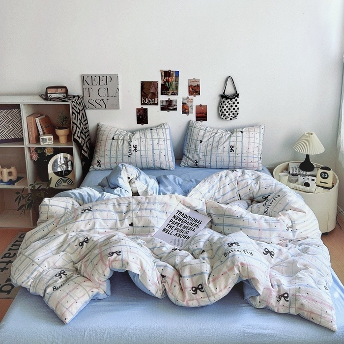 91家纺网 家纺一手货源 找家纺 朵朵家纺 2026新款高级感轻奢复古美拉德色系双层纱泡芙棉床品四件套加厚水洗双层纱软 盐系格绊