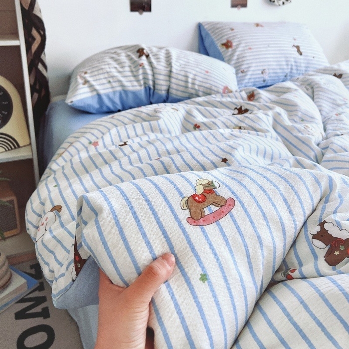 91家纺网 家纺一手货源 找家纺 朵朵家纺 2026新款高级感轻奢复古美拉德色系双层纱泡芙棉床品四件套加厚水洗双层纱软 木马拾光