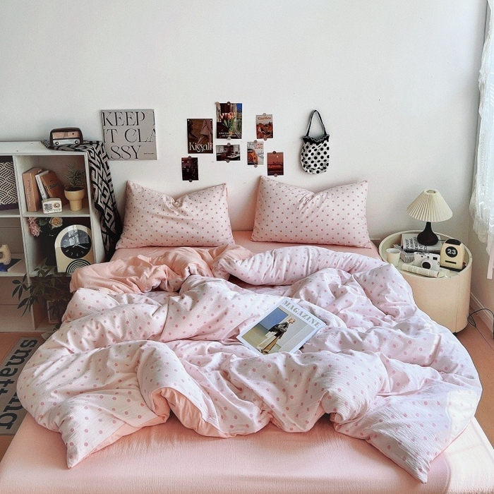 91家纺网 家纺一手货源 找家纺 朵朵家纺 2026新款高级感轻奢复古美拉德色系双层纱泡芙棉床品四件套加厚水洗双层纱软 粉红波点