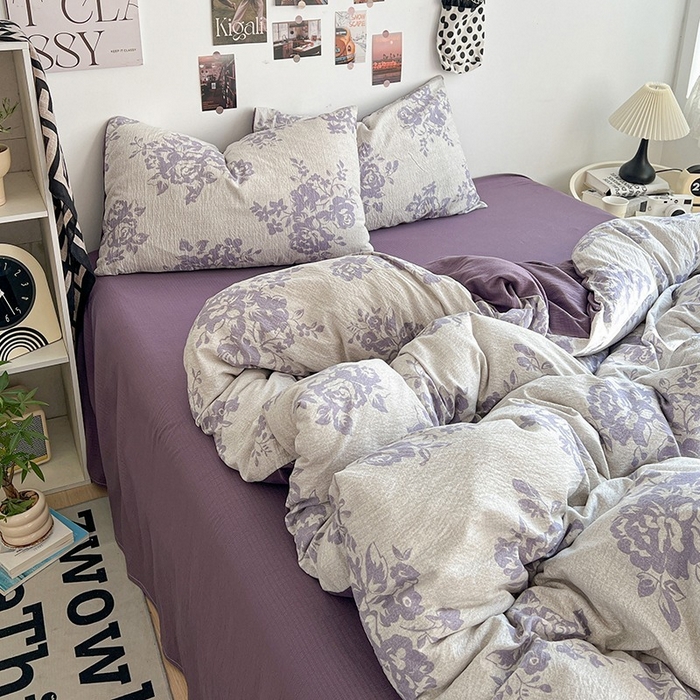 91家纺网 家纺一手货源 找家纺 朵朵家纺 2026新款高级感轻奢复古美拉德色系双层纱泡芙棉床品四件套加厚水洗双层纱软 紫韵