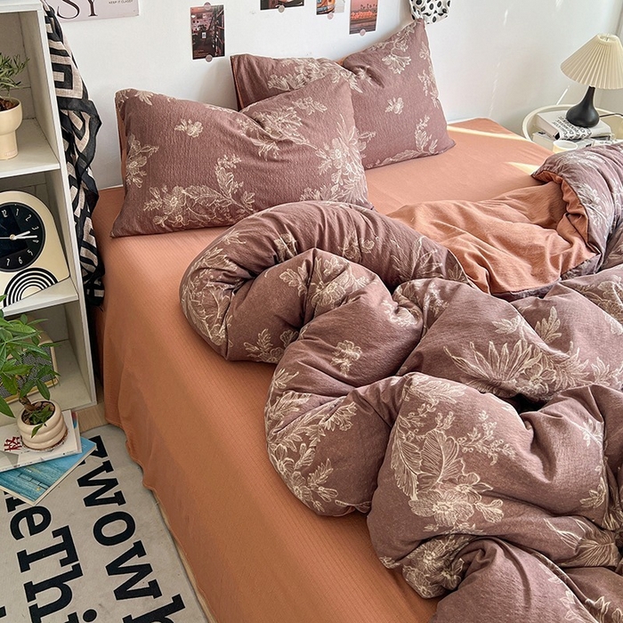 91家纺网 家纺一手货源 找家纺 朵朵家纺 2026新款高级感轻奢复古美拉德色系双层纱泡芙棉床品四件套加厚水洗双层纱软 晚棠