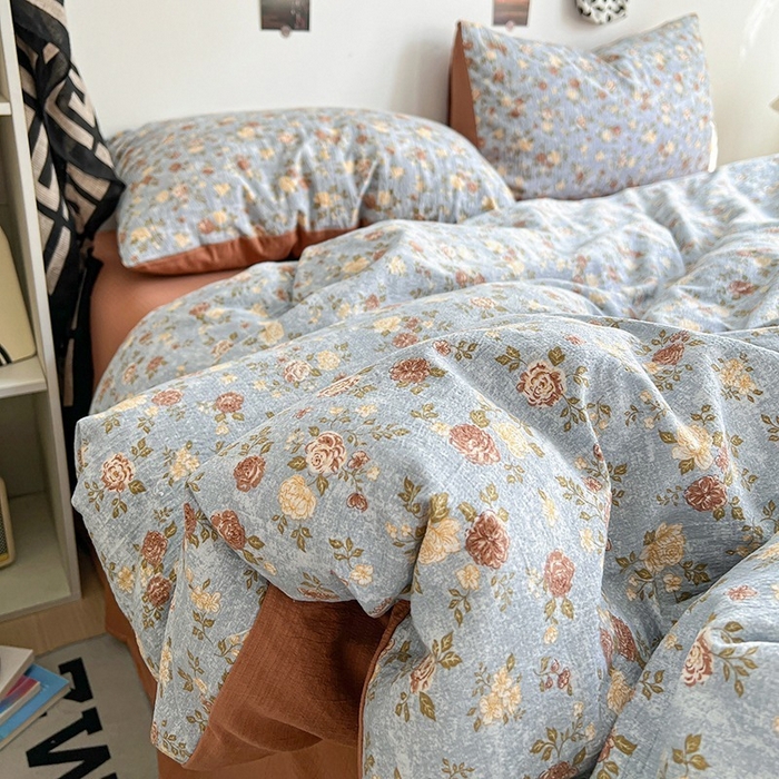 91家纺网 家纺一手货源 找家纺 朵朵家纺 2026新款高级感轻奢复古美拉德色系双层纱泡芙棉床品四件套加厚水洗双层纱软 醉玲珑