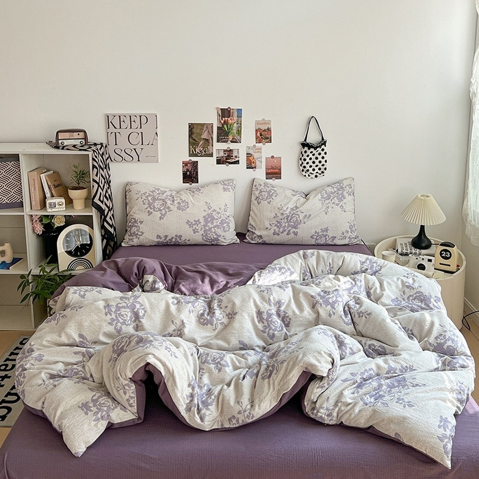 91家纺网 家纺一手货源 找家纺 朵朵家纺 2026新款高级感轻奢复古美拉德色系双层纱泡芙棉床品四件套加厚水洗双层纱软 紫韵