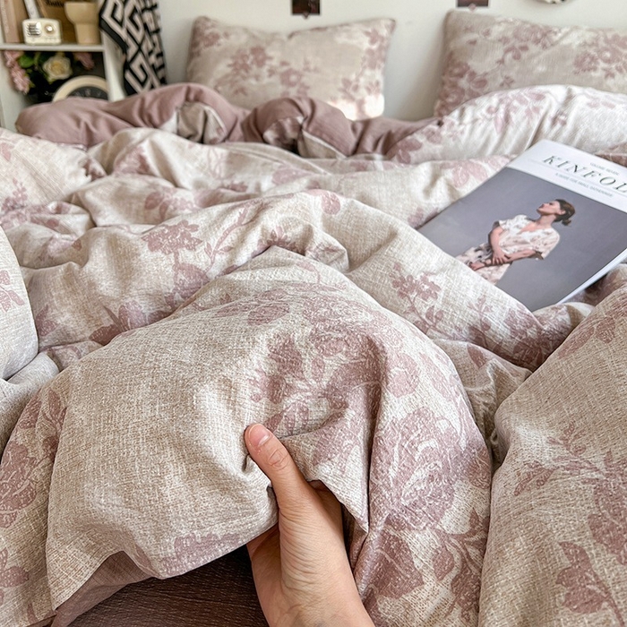 91家纺网 家纺一手货源 找家纺 朵朵家纺 2026新款高级感轻奢复古美拉德色系双层纱泡芙棉床品四件套加厚水洗双层纱软 知音咖