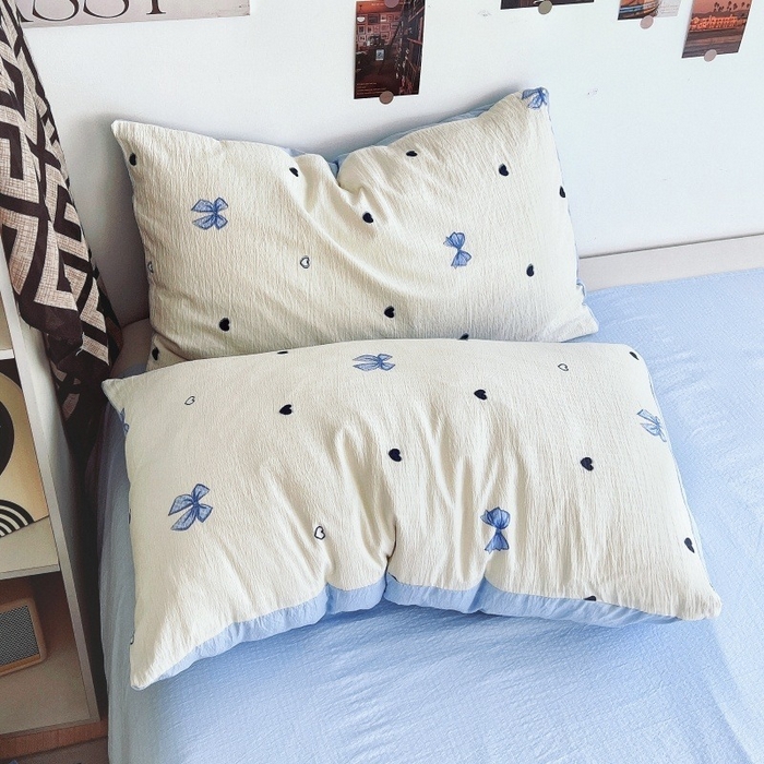 91家纺网 家纺一手货源 找家纺 朵朵家纺 2026新款高级感轻奢复古美拉德色系双层纱泡芙棉床品四件套加厚水洗双层纱软 奶蓝甜结