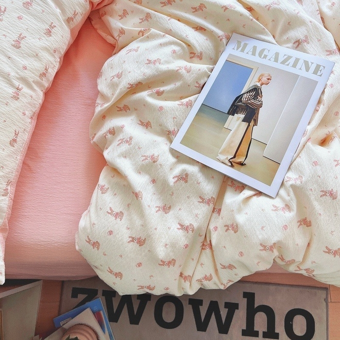 91家纺网 家纺一手货源 找家纺 朵朵家纺 2026新款高级感轻奢复古美拉德色系双层纱泡芙棉床品四件套加厚水洗双层纱软 奶芙兔