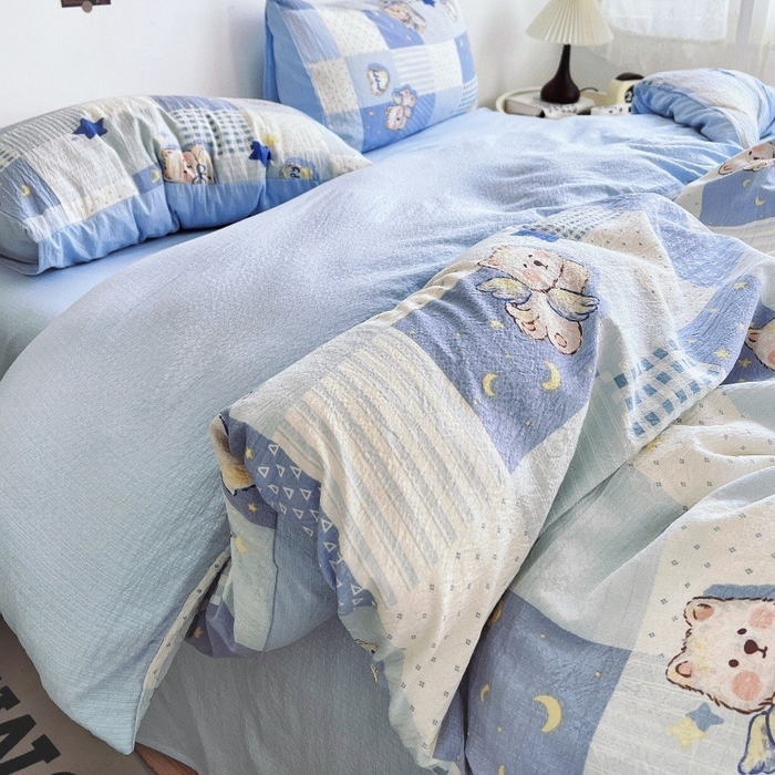 91家纺网 家纺一手货源 找家纺 朵朵家纺 2026新款高级感轻奢复古美拉德色系双层纱泡芙棉床品四件套加厚水洗双层纱软 蓝色泡芙狗