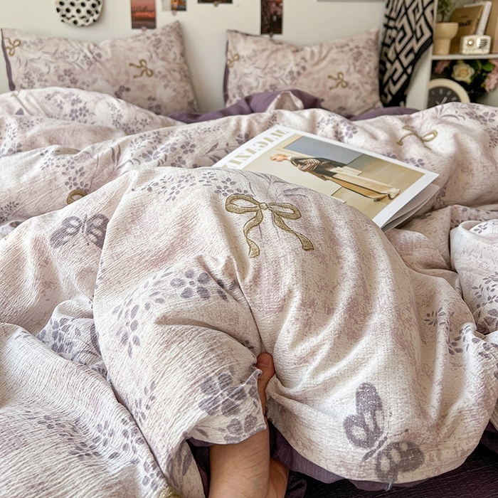 91家纺网 家纺一手货源 找家纺 朵朵家纺 2026新款高级感轻奢复古美拉德色系双层纱泡芙棉床品四件套加厚水洗双层纱软 花姿