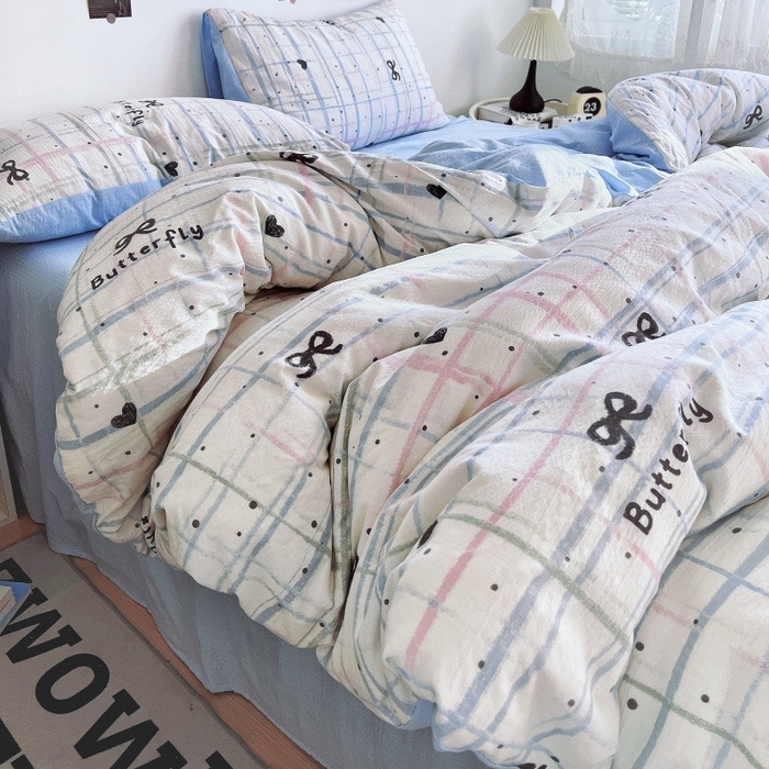 91家纺网 家纺一手货源 找家纺 朵朵家纺 2026新款高级感轻奢复古美拉德色系双层纱泡芙棉床品四件套加厚水洗双层纱软 盐系格绊