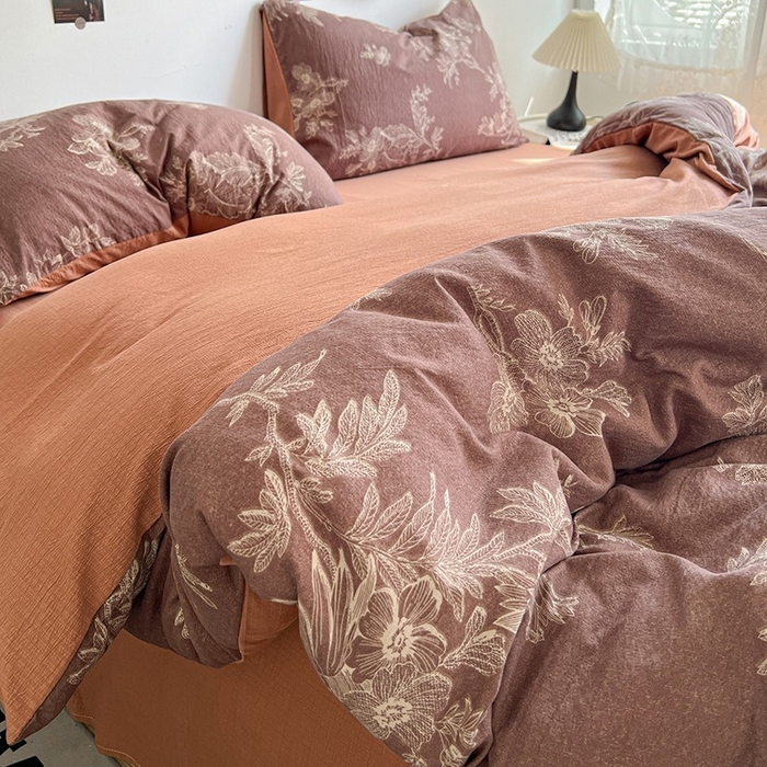 91家纺网 家纺一手货源 找家纺 朵朵家纺 2026新款高级感轻奢复古美拉德色系双层纱泡芙棉床品四件套加厚水洗双层纱软 晚棠