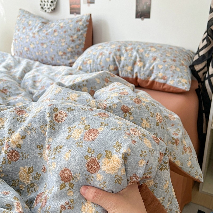 91家纺网 家纺一手货源 找家纺 朵朵家纺 2026新款高级感轻奢复古美拉德色系双层纱泡芙棉床品四件套加厚水洗双层纱软 醉玲珑