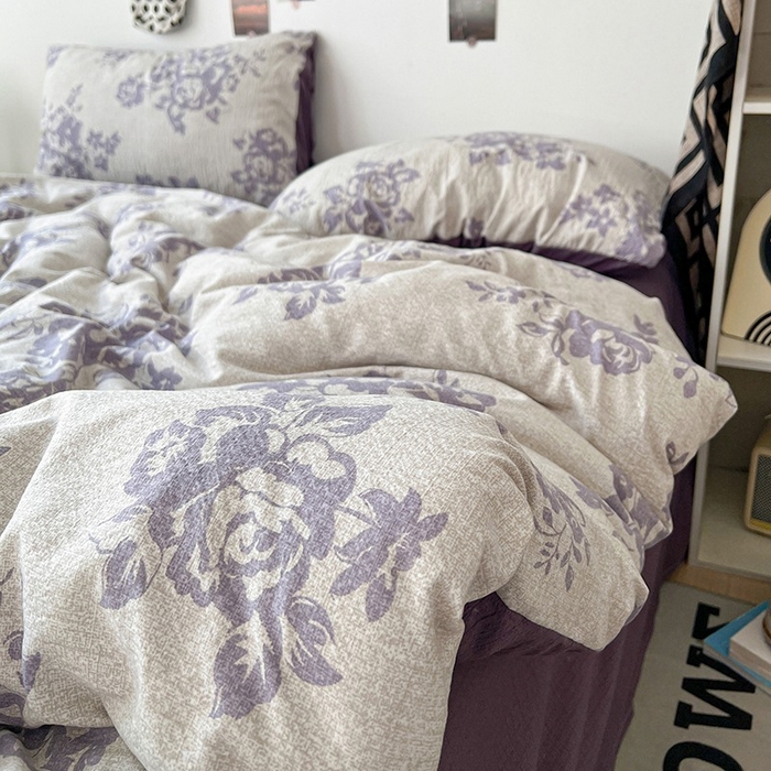 91家纺网 家纺一手货源 找家纺 朵朵家纺 2026新款高级感轻奢复古美拉德色系双层纱泡芙棉床品四件套加厚水洗双层纱软 紫韵