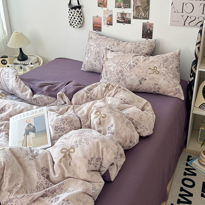 91家纺网 家纺一手货源 找家纺 朵朵家纺 2026新款高级感轻奢复古美拉德色系双层纱泡芙棉床品四件套加厚水洗双层纱软 花姿